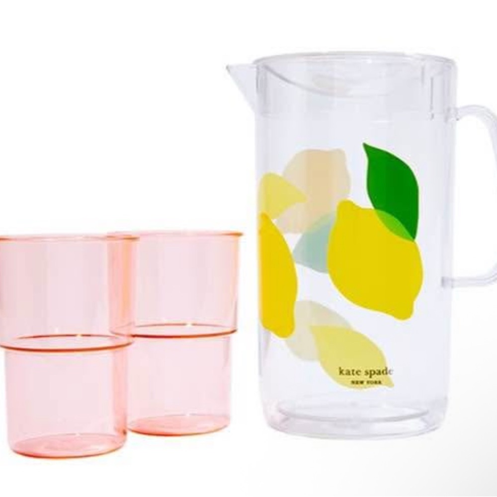 Kate Spade Lemon Design Pitcher with Pink Glasses